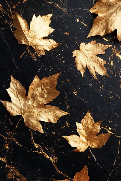 Golden autumn leaves on marble by Imperial Art House