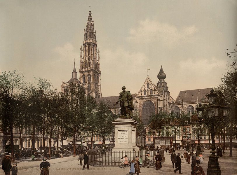 La Verteplein et la cathédrale, Anvers, Belgique (1890-1900) par Vintage Afbeeldingen