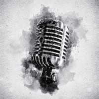 Classic Vintage Chrome Microphone in Black and White Watercolor