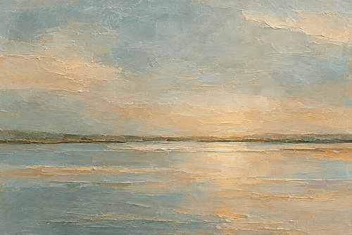 Paysage côtier abstrait et impressionniste aux tons de bleu tendre et de jaune sable chaud
