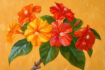 Kleurrijke bloemen en bladeren schilderij van De Muurdecoratie