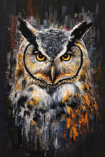 Hibou aux yeux orange sur fond abstrait par Art & Soul Creations
