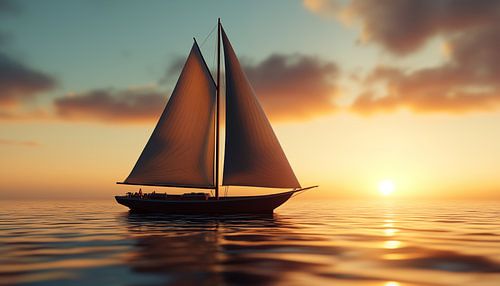 Zeilboot bij zonsondergang kalme zee panorama