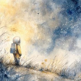 Little Astronaut under Starry Sky - Dreamy Painting by Peter Pen Drawings and Paintings
