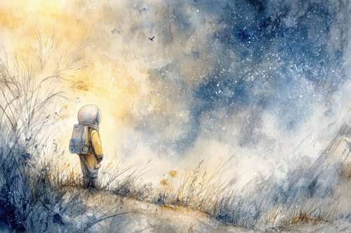 Little Astronaut under Starry Sky - Dreamy Painting