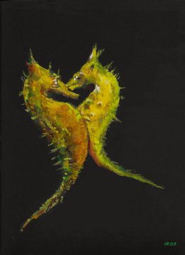 Seahorses in love. Hand-painted with oil pastel. by Ineke de Rijk