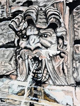 Trinkwasserbrunnen, Wasserspeiender Kopf mit Riesenmuschel am Sockel, Wasserturm, Mannheim