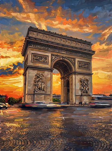 Arc de Triomphe in de gloed van de zonsondergang