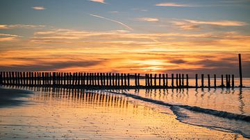 Paaltjes bij zonsondergang aan het strand