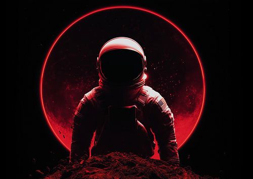 Silhouet van astronaut op rode planeet met donkere zon