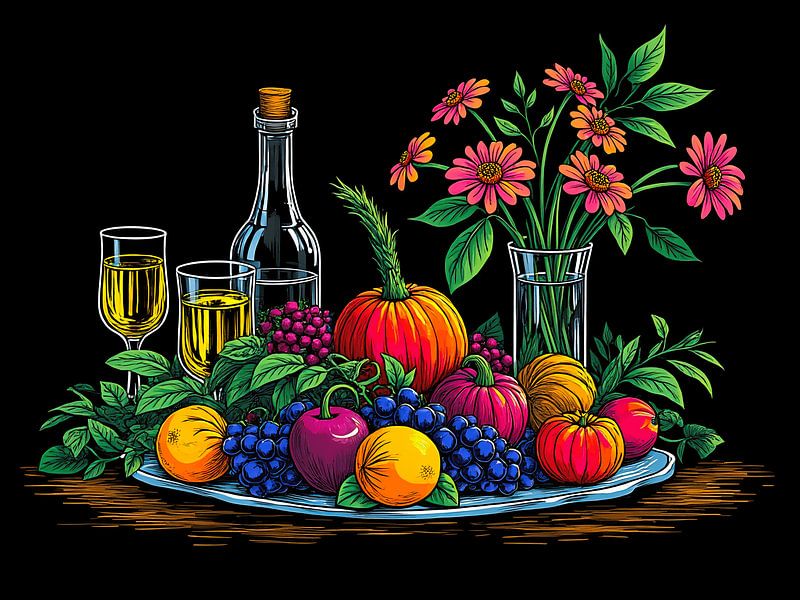 Een leuk gekleurd stilleven met bloemen en fruit van The Photo Artist
