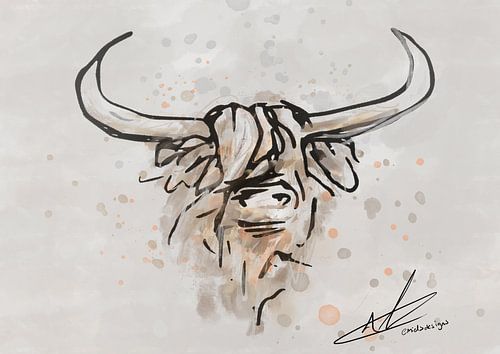 Schotse hooglander - stoer kunstwerk met robuuste zwarte inkt lijnen