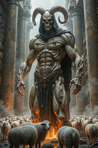 Dark Fantasy Wandbild: LAMBRAXIS - Der dämonische Hirte mit seinen Schafen