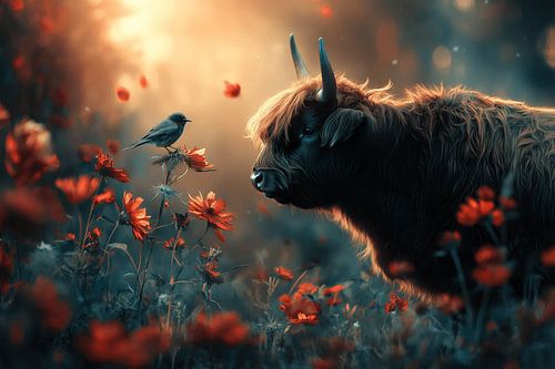 Highlander and Bird Peaceful Moment in Flower Field by Eva Lee