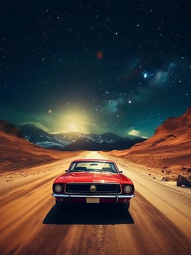 muscle car in mars met maan ruimte wereld aarde