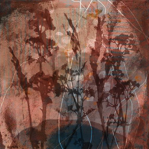 Moderne abstracte botanische kunst. Bloemen en planten in warm bruin, grijs en blauw