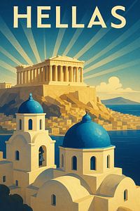 Vintage Griechenland Reise Kunst - Blaue Kuppeln und goldene Parthenon Licht