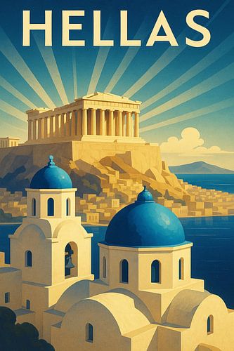 Vintage Greece Travel Art – Blue Domes and Golden Parthenon Light