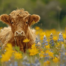 Scottish Highlander in a sea of flowers by Felix Brönnimann