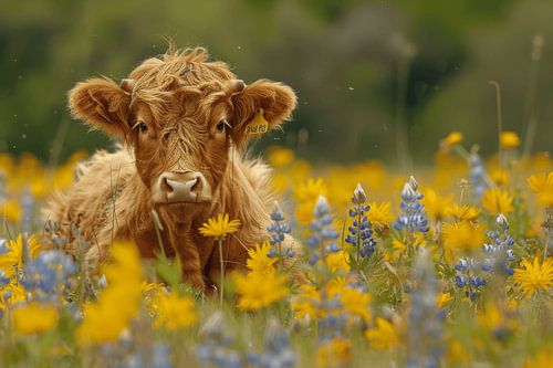 Schotse Hooglander in een zee van bloemen