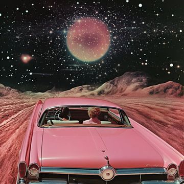 Roze vintage auto in de ruimte collage kunst van Samantha Hearn