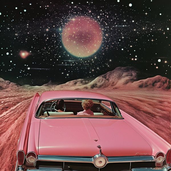 Collage Art - Voiture vintage rose dans l'espace par Samantha Hearn