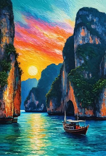 Phi Phi-eilanden en een boot bij zonsondergang – Impressionistisch zeegezicht van MIROKKU