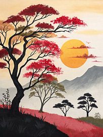 Majestätischer Sonnenuntergang über der karmesinroten Savanne: Eine lebendige Landschaft mit uralten Bäumen und goldenem Himmel von Artistic