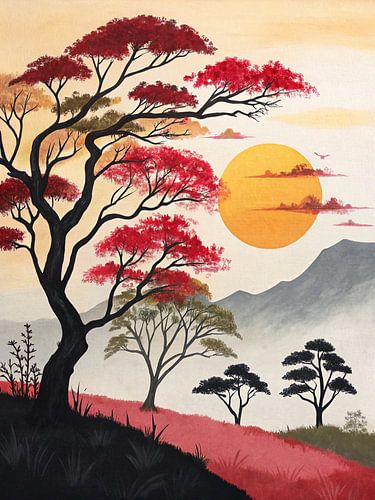 Majestueuze zonsondergang over karmijnrode savanne: Een levendig landschap van eeuwenoude bomen en gouden luchten