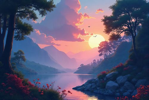 Sunset Lake and Mountain Landscape Digital Artwork