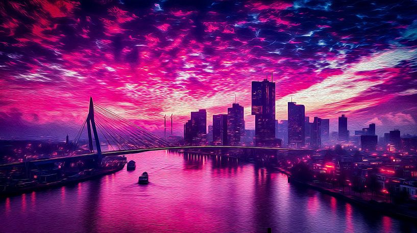 Ölgemälde Polderlandschaft mit Stadtbild Spiegelung Rotterdam von Egon Zitter