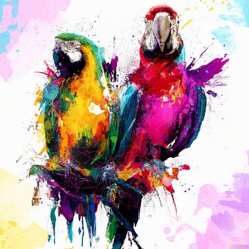 POP ART Papegaaien kleurrijke klodders street art graffiti woonkamer spuitverf aquarel coole dieren van Julieduke