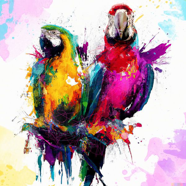 POP ART perroquets colorés taches street art graffiti salon spray paint aquarelle cool animaux par Julie_Moon_POP_ART