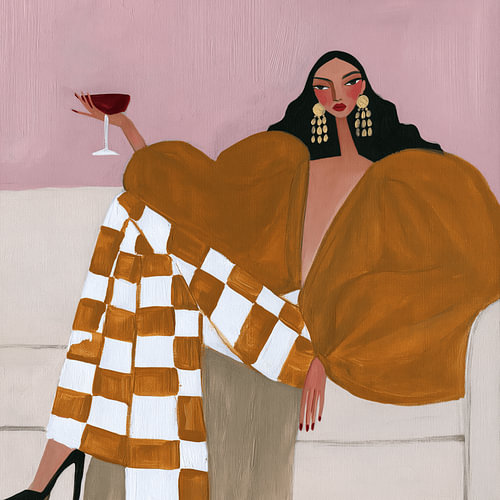 A modern portrait of a woman holding a glass of wine, in earth tones