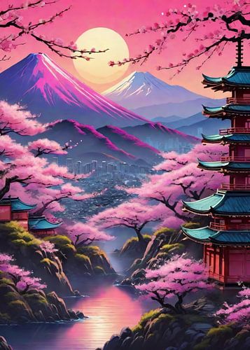 Japans landschap met kersenbloesems en bergen