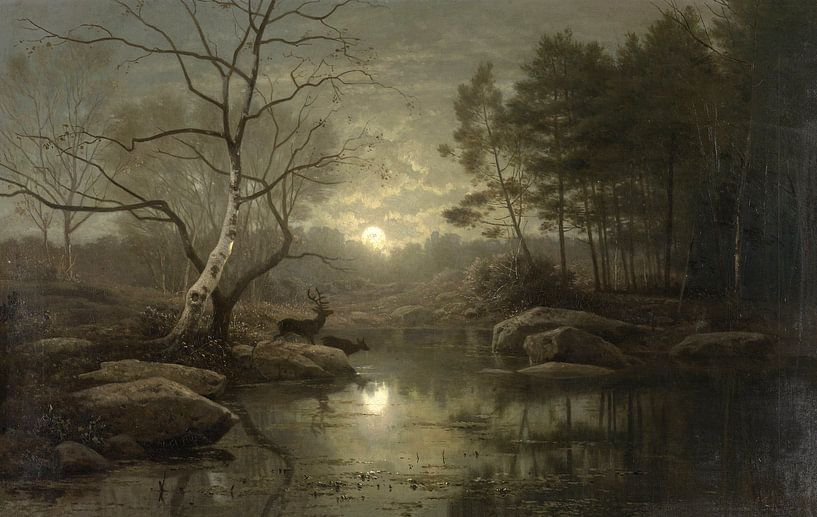 Waldlandschaft bei Mondlicht, Georg Eduard Otto Hall von Meesterlijcke Meesters