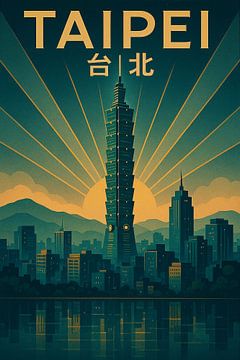 Retro Taiwan Stadt Druck - Taipei 101 Turm & Sonnenuntergang Kunst