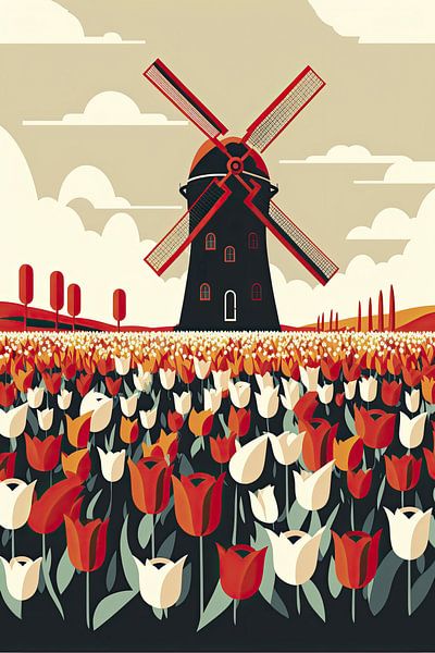 Champ de tulipes hollandais minimaliste avec un moulin à vent par Vlindertuin-Art