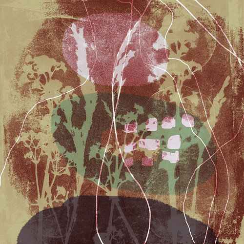 Abstract Retro Botanisch. Bloemen, planten en bladeren in beige, bruin, rood, groen