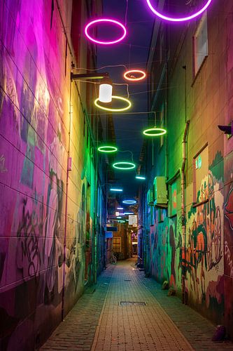 Papengang in colourful neon rain - Groningen