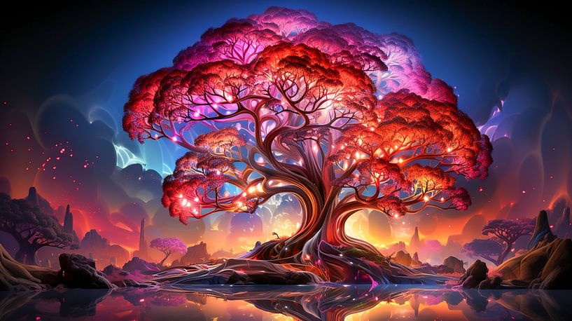 Art abstrait au néon pour un arbre de vie dans la nuit par Animaflora PicsStock