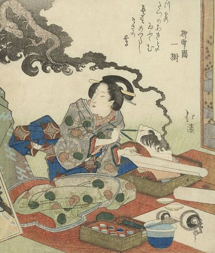 Draak oprijzend uit een waaier, Totoya Hokkei, 1832. Japanse kunst. Surinomo