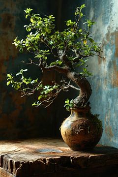 A bonsai tree as a still life on an old wooden table in Japan