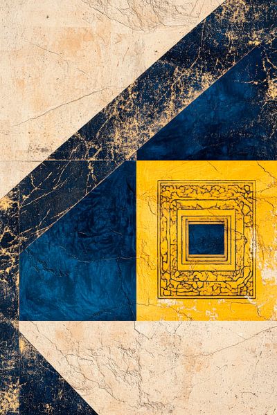 Geometrische abstractie in blauw en goud van Poster Art Shop
