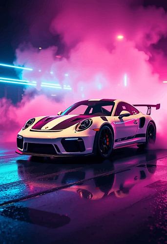 Porsche 911 GT3 RS Wit en Zwart Neon Showroom Art