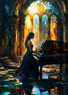 Meisje speelt piano onder ruïne hal abstract van MIROKKU