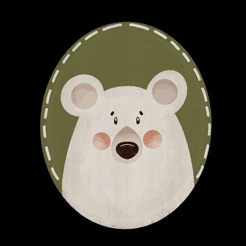 Niedliches Aquarell-Eisbärengesicht in einem genähten, olivgrünen Oval. von riz_studio