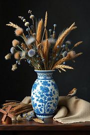 Delft blue flower vase with ears of corn - rural still life by Kleurenrijk