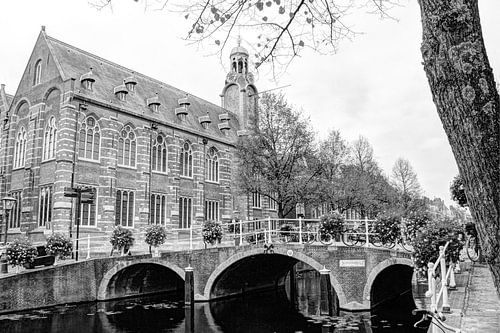 Nonnenbrug with Academy building Leiden Netherlands Black and white