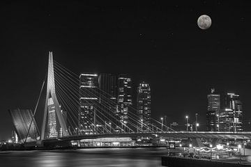 Erasmusbrug in Rotterdam bij avond. van Ron Westbroek